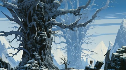 Ancient icy tree with an explorer anime style