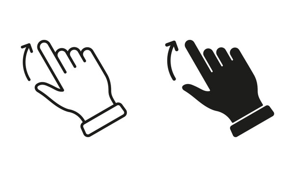 Hand Finger Gesture Swipe, Drag Up Line and Silhouette Black Icon Set. Slide Up Pictogram. Pinch Screen, Rotate on Touch Screen Symbol Collection on White Background. Isolated Vector Illustration