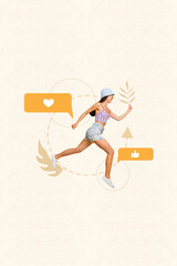 Collage poster of funky happy running girl positive feedback social media like thumb up isolated on drawing beige color background