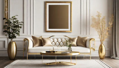 blank picture frame on a wall for showcasing art in an posh luxurious all white living room with elegant gold accents