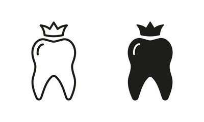 Dental Crown Silhouette and Line Icon Set. Orthodontic Denture. Teeth Protection Implant, Medical Crown. Dental Treatment Black Symbol Collection. Oral Care Pictogram. Isolated Vector Illustration