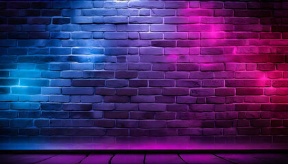 brick wall with neon lights in abstract pattern dark and colorful background concept with empty...