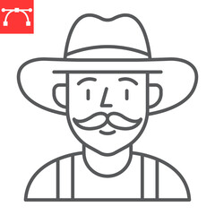 Farmer line icon, farm and agriculture, man in cowboy hat vector icon, vector graphics, editable stroke outline sign, eps 10.
