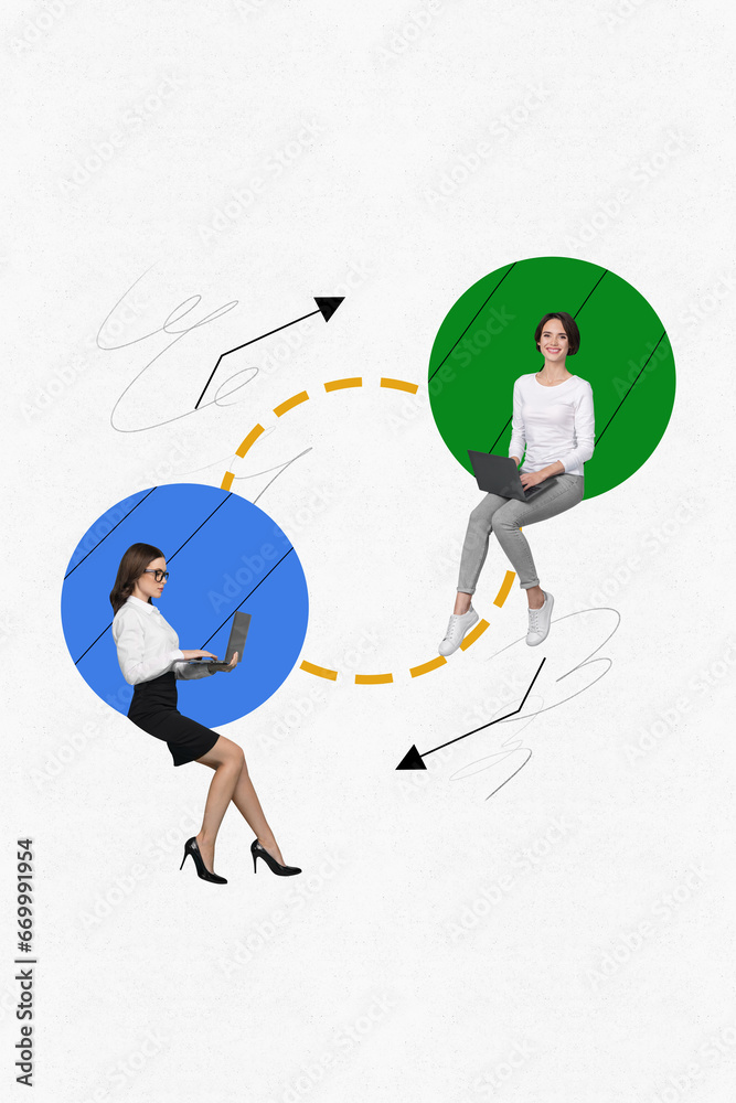 Poster collage image photo of two business ladies colleagues working sharing letters using modern gadgets i