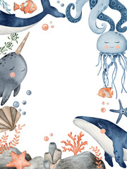 Underwater Animals vertical frame. Cute undersea border with whale, octopus, seahorse, jellyfish, turtle, clownfish, shells, algae, corals and bubbles. Hand drawn watercolor illustration for baby © Daryartsy