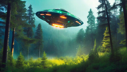 alien spaceship flying over the forest
