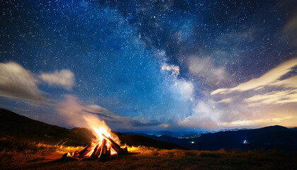 camping fire under the amazing blue starry sky with a lot of shining stars and clouds travel recreational outdoor activity concept