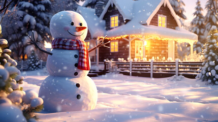Snowman at Christmas in the Background a Super Bright-lit Christmas House