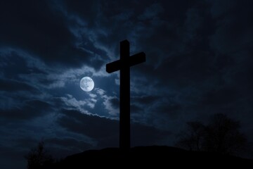 an ominous silhouette of a cross against a moonlit sky