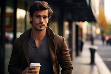 One man, handsome modern young man on the city street, holding coffee cu