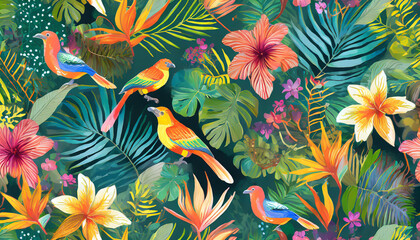 seamless pattern background influenced by the organic forms and vibrant colors of tropical rainforests with colourful birds and flowers