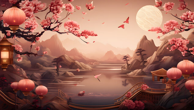 Chinese Landscape Illustration Background, New Year Celebration, Oriental Blossoms, Gold Lanterns, and Asian Cultural Design. 
