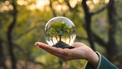 human hand holding glass ball with tree inside environment conservation concept high quality photo