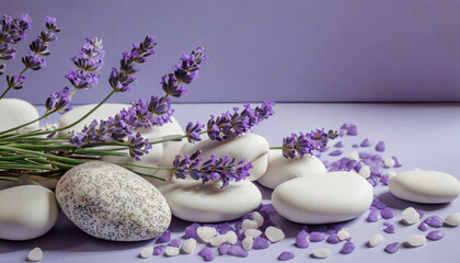 Fototapeta na wymiar lavender serenity purple flowers and white pebbles on a modern clean lavender background