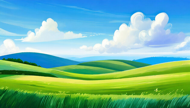 summer fields hills landscape green grass blue sky with clouds flat style cartoon painting illustration generative ai