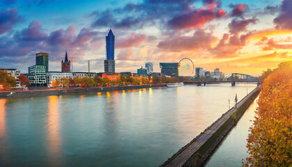 incredible autumn sunset on the rhein river spectacular evening cityscape of dusseldorf with medienhafen nordrhein westfalen germany europe traveling concept background - obrazy, fototapety, plakaty