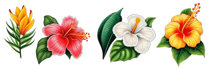 Fototapeta premium Tropical flowers and green leaves