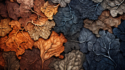 A vibrant autumn maple leaves arrangement of overlapping one another dried leaves with rigid texture background.