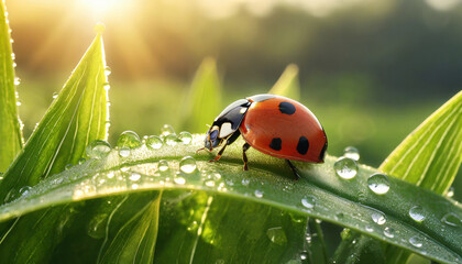 beautiful ladybug on leaf in the morning with the dew of the rising sun - obrazy, fototapety, plakaty