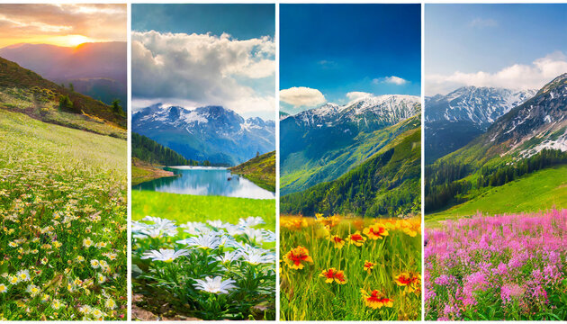 collage of four seasons landscapes set of vertical pictures of nature background arranged in panoramic view wonderful outdoor scene of majestic mountains green meadows and blooming flowers