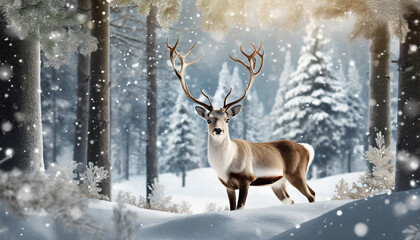 Naklejka na ściany i meble elegant reindeer against snowy winter forest background greeting card