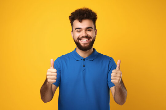 Optimistic handsome male in blue t shirt showing like sign with both hands and smiling at camera on vivid yellow background