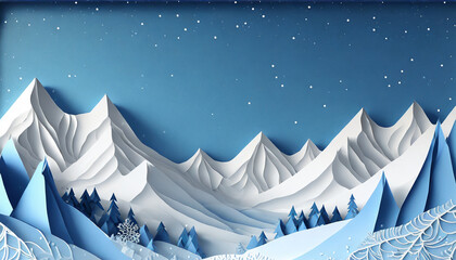 Fototapeta na wymiar mountain winter landscape with blue sky origami 3d creative holidays christmas winter paper cut style illustration paper art and digital crafts style space for text