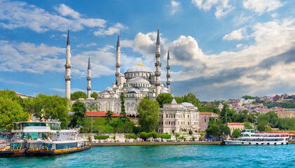 hagia sophia and the blue mosque in istanbul with the bosphorus river - obrazy, fototapety, plakaty