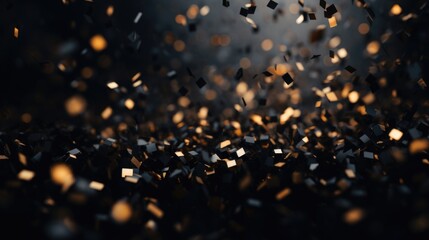 Golden confetti falling on a black background, AI