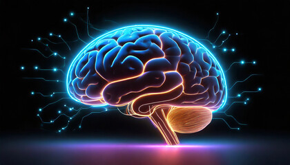 hi tech human brain made by neon glow is hovering on a black background