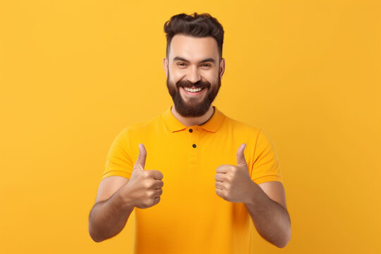 Optimistic handsome male in blue t shirt showing like sign with both hands and smiling at camera on vivid yellow background