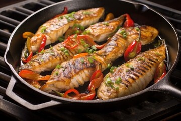 a close-up of sizzling catfish steaks on a cast iron pan