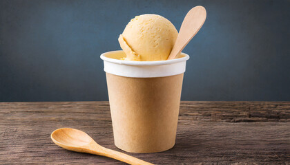 Fototapeta na wymiar empty paper cup of ice cream and wood spoon