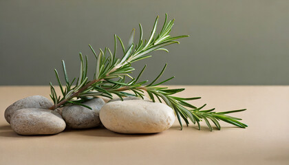 simplicity in nature rosemary sprig with pebbles on minimalist neutral background nature series