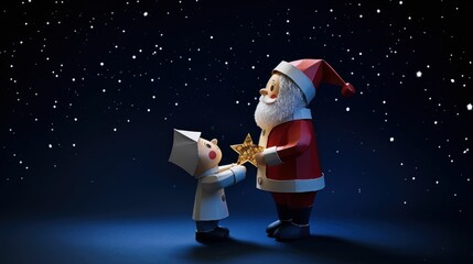 A paper craft Santa Claus figure handing over a gift