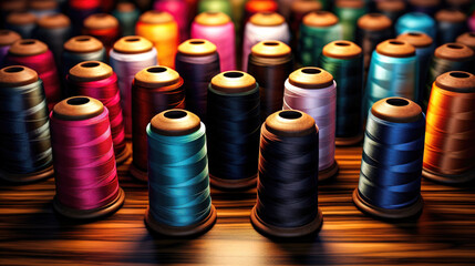 Textile Manufacturing A Grid of Spools of Colored Threads in a Workshop Setting