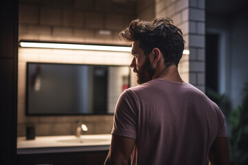 Over the shoulder waist-up view of brunette man in casual clothing standing in modern bathroom and looking at his reflection with hand in hair