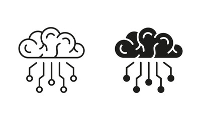 Digital Technology Concept, Human Brain with Circuit Silhouette and Line Icons Set. Tech Science Black Symbol Collection. Artificial Intelligence Pictogram. Isolated Vector Illustration