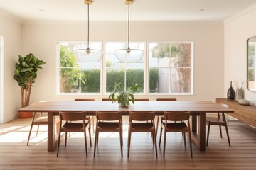 empty, well-lit dining room with large table