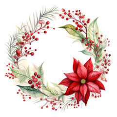 Beautiful holiday themed watercolor wreath with poinsettia and Christmas star flower on white background