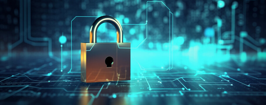Padlock with Keyhole in data security on circuit, Modern safety digital Concept