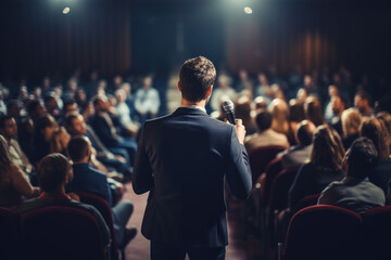 Man Speaking Into Microphone in front of audience - obrazy, fototapety, plakaty