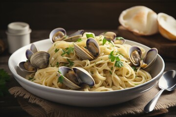 an image of cooked clams with pasta and herbs. Generative AI