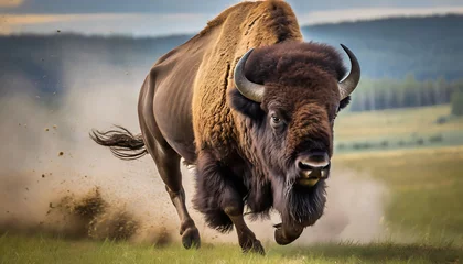 Papier Peint photo Lavable Buffle wild bison running closeup