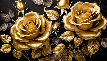 golden roses on black background elegant golden roses flowers wall art