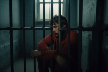 Pensive male prisoner smokes cigarette in prison cell