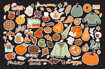 Set of thanksgiving, autumn, cozy stickers, badges, magnets, lables and other.