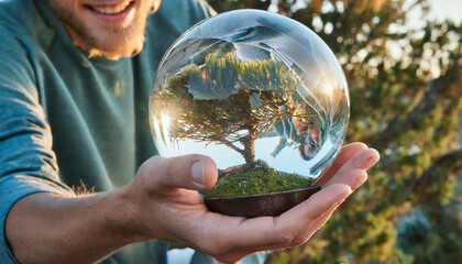 human hand holding glass ball with tree inside