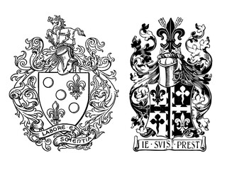 Vector heraldic set of coat of arms with knight helmets in vintage engraved style