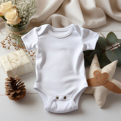 Baby wearing white shirt bodysuit mockup,  Design onesie template, print presentation mock-up